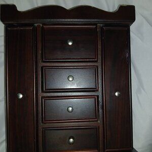 Jewelry Box Organizer- Wood, Dark Finish w/ Drawers, Open Sides, Hooks, Open Top